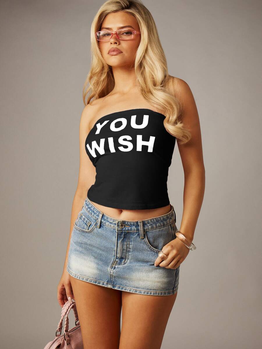 MISSGUIDED 無肩帶短版抹胸上衣，大膽 You Wish 圖案印花，夏季音樂祭平口上衣 - 黑與白 - 查看 1