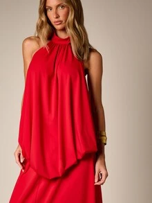 AiiRZ Halter Neck Dress With Open Back Bow Detail And Front Slit Flowing Elegant Evening Gown Party Night Cocktail Red Summer - Red - View 2