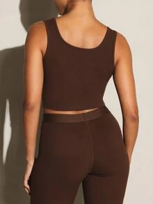 11SKNDS Ribbed Knit Square Neck Crop Tank Top With Snap Button Detail Sleeveless Fitted Stretch Everyday Summer Essential Body - Brown - View 5
