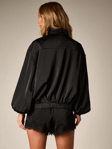 AiiRZ Chaqueta Bomber Oversize de Satén con Cuello Alto, Cierre de Cremallera Completo y Mangas Abullonadas para Noches de Otoño e Invierno - Negro - Ver 5