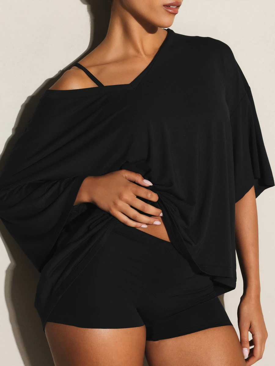 11SKNDS Oversized V-Neck Drop Shoulder Solid Knit Top With Relaxed Fit And Off-Shoulder Styling For Casual Everyday Wear Body - Black - View 1