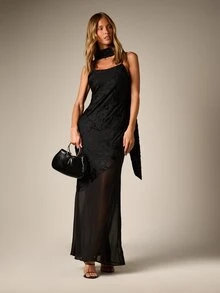 AiiRZ Floral Applique Sleeveless Maxi Gown With Sheer Chiffon Hem And Scarf Detail For Formal Evening Occasions - Black - View 4