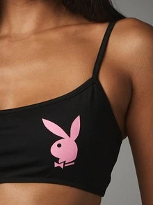 Missguided x Playboy 兔子標誌印花挖領無袖短版內衣上衣，可調式肩帶，夏季音樂節風格 - 黑色 - 查看 6