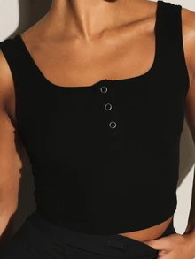 11SKNDS Ribbed Knit Square Neck Sleeveless Crop Tank Top With Metal Eyelet Detail For Summer Casual Everyday Wear Body - Black - View 4