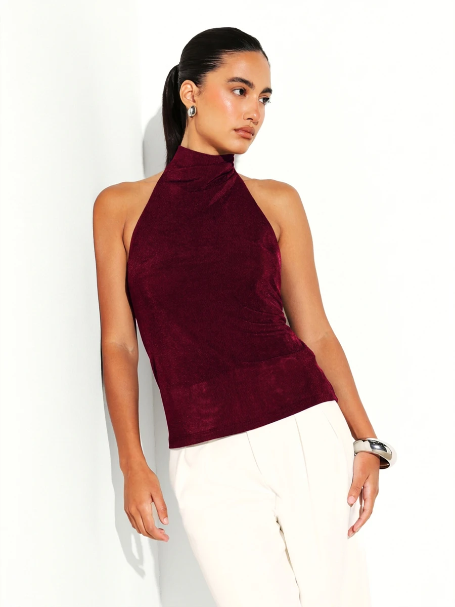 KSTM Halter Neck Backless Top With High Neck Draped Back Strap Detail Sleeveless Stretch Knit Evening Party Top - Burgundy - View 1