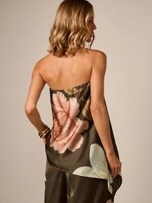 AiiRZ Trägerloses Bandeau-Top mit asymmetrischem Saum und großflächigem Blumenmuster für Abend- und Sommeranlässe - Armeegrün - Übersicht 2