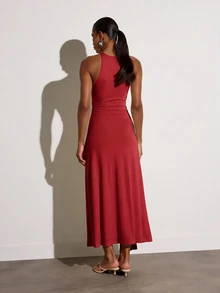 KSTM Sleeveless High Neck Twist Knot Midi Dress With Draped Skirt And Racerback Detail Thanksgiving Bar Party Dinner Dark Red Summer Elegant - Red - View 2