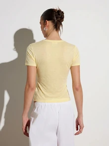 KSTM Button-Front Crew Neck Short Sleeve Fitted Crop Top Summer Casual Lightweight Knit Henley Tee Everyday Travel Pale Yellow - Pale Yellow - View 5