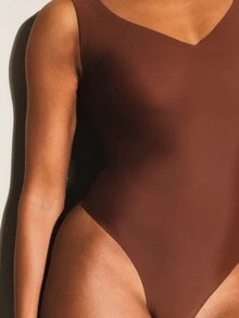 11SKNDS 3 Pack V-Neck Sleeveless Classic Bodysuit Thong Bottom High Cut Leg Smooth Second Skin One-Piece Fitted Bodysuit Summer Spring Essential - Multicolor - View 4