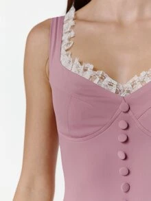 OverBlushhh Women's Pink Stretch Bodysuit With Lace Trim Sweetheart Neckline, Structured Bust And Decorative Buttons For Date Night, Dance, Party, Holiday, Everyday, Cute Summer - Dusty Purple - View 4