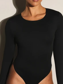 11SKNDS Long Sleeve Crew Neck Thong Form Fitting Stretch Classic One Piece Top For Date Night And Night Out Body - Black - View 4