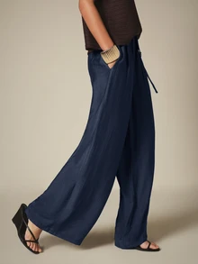 KSTM Wide Leg Drawstring Palazzo Trousers With Elastic Waist And Side Pockets For Casual Summer Occasions - Navy Blue - View 4