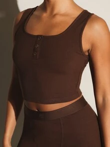 11SKNDS Ribbed Knit Square Neck Crop Tank Top With Snap Button Detail Sleeveless Fitted Stretch Everyday Summer Essential Body - Brown - View 3