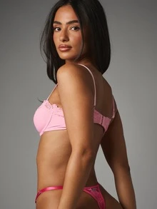 Missguided x Playboy Bunny Rhinestone Charm Floral Lace Thong With Satin Ribbon Strappy Waistband Intimate Underwear - Watermelon Pink - View 2