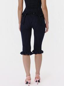 OverBlushhh Celana Capri Stretch Garis-garis Biru Tua Wanita dengan Pinggang Tinggi dan Hem Berumbai untuk Kantor, Sehari-hari, Liburan, Dansa, Brunch Musim Panas - Navy Blue - View 6