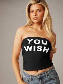 MISSGUIDED 無肩帶短版抹胸上衣，大膽 You Wish 圖案印花，夏季音樂祭平口上衣 - 黑與白 - 查看 5