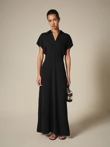 KSTM Collared V-Neck Maxi Dress With Short Sleeves Fitted Waist And Flared Hem For Elegant Occasions - Black - View 2