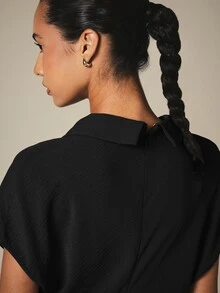 KSTM Collared V-Neck Maxi Dress With Short Sleeves Fitted Waist And Flared Hem For Elegant Occasions - Black - View 6