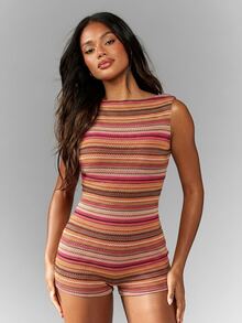 MISSGUIDED 鉤針編織條紋連身短褲，深開背船領無袖短連身褲，適合夏季海灘度假 - 彩色 - 查看 4