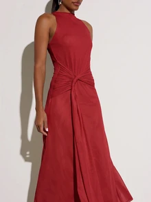 KSTM Sleeveless High Neck Twist Knot Midi Dress With Draped Skirt And Racerback Detail Thanksgiving Bar Party Dinner Dark Red Summer Elegant - Red - View 7