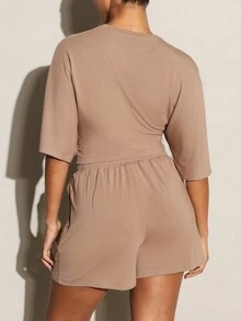 11SKNDS Casual High Rise Drawstring Shorts With Elastic Waistband And Side Pockets Mid Thigh Length Summer Loungewear Body - Camel - View 6