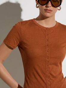 KSTM Short Sleeve Button Down Henley Top With Round Neck Slim Fitted Casual Summer Everyday Tee - Burnt Orange - View 4
