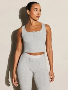 11SKNDS Ribbed Knit Cropped Tank Top With Square Neckline And Henley Snap Button Placket Detail Body - Grey - View 2