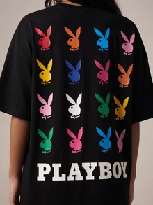 Missguided x Playboy 寬鬆圓領 T 恤，背面印有彩色兔子 Logo 圖案，夏季街頭風上衣 - 黑色 - 查看 5