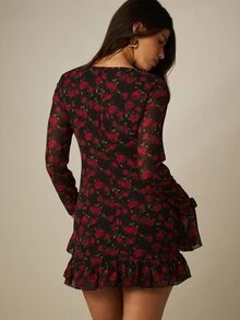 MISSGUIDED Floral Chiffon Mini Dress With Bell Sleeves Ruffle Trim And V-Neck Rose Print For Party And Evening Occasions - Multicolor - View 2