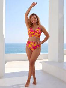 ELLERISSA Plus Size Yellow Tropical Floral Print V-Neck Cross Back High Waist Bikini Set - Multicolor - View 5