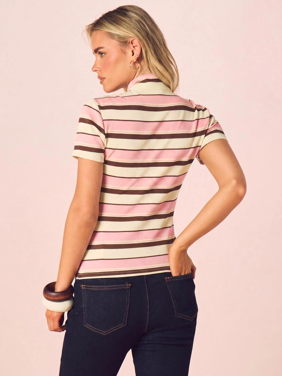 MISSGUIDED Striped Mock Neck Crop Top With Keyhole Cutout And Short Sleeves Retro Ribbed Fitted Tee