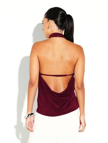 KSTM Halter Neck Backless Top With High Neck Draped Back Strap Detail Sleeveless Stretch Knit Evening Party Top - Burgundy - View 6