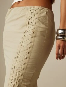 MISSGUIDED 側邊繫帶中長裙，配金屬孔眼與綁帶細節，鉛筆裙廓形，亞麻質感，膝下長度，夏季風格 - 杏色 - 查看 6