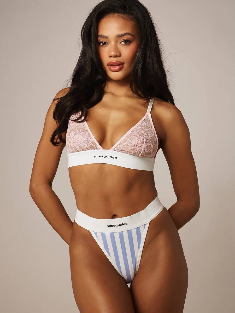 MISSGUIDED 條紋高衩丁字褲，附 Logo 腰帶，性感三角內褲，情人節內衣 - 藍色 - 查看 1