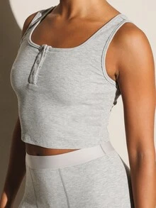 11SKNDS Ribbed Knit Cropped Tank Top With Square Neckline And Henley Snap Button Placket Detail Body - Grey - View 3
