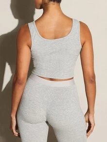 11SKNDS Ribbed Knit Cropped Tank Top With Square Neckline And Henley Snap Button Placket Detail Body - Grey - View 5