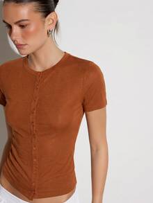 KSTM Short Sleeve Button Down Henley Top With Round Neck Slim Fitted Casual Summer Everyday Tee - Burnt Orange - View 1