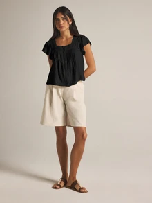 KSTM Eyelet Trim Square Neck Flutter Sleeve Blouse With Button Front And Pintuck Pleats Summer Casual Top - Black - View 5