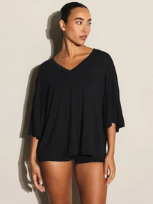 11SKNDS Oversized V-Neck Drop Shoulder Solid Knit Top With Relaxed Fit And Off-Shoulder Styling For Casual Everyday Wear Body - Black - View 2