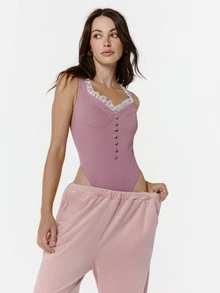 OverBlushhh Women's Pink Stretch Bodysuit With Lace Trim Sweetheart Neckline, Structured Bust And Decorative Buttons For Date Night, Dance, Party, Holiday, Everyday, Cute Summer - Dusty Purple - View 2