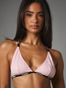 Missguided x Playboy حمالة صدر مثلثية بشعار مع تفاصيل شريط مطاطي أسود ملابس داخلية صيفية - وردي - مشاهدة 4