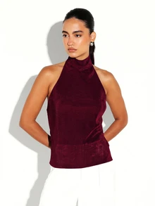 KSTM Halter Neck Backless Top With High Neck Draped Back Strap Detail Sleeveless Stretch Knit Evening Party Top - Burgundy - View 4