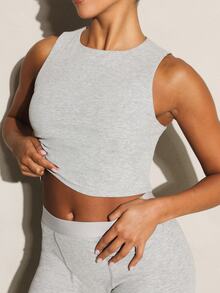 11SKNDS Ribbed Knit Sleeveless Crop Tank Top With High Crew Neckline Fitted Stretch Everyday Casual Summer Essential Body - Grey - View 1