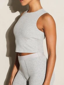 11SKNDS Ribbed Knit Sleeveless Crop Tank Top With High Crew Neckline Fitted Stretch Everyday Casual Summer Essential Body - Grey - View 3