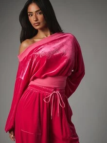 Missguided x Playboy Rhinestone Script Velvet One-Shoulder Long Bell Sleeve Cropped Top With Ribbed Hem Detail - Pink - View 5