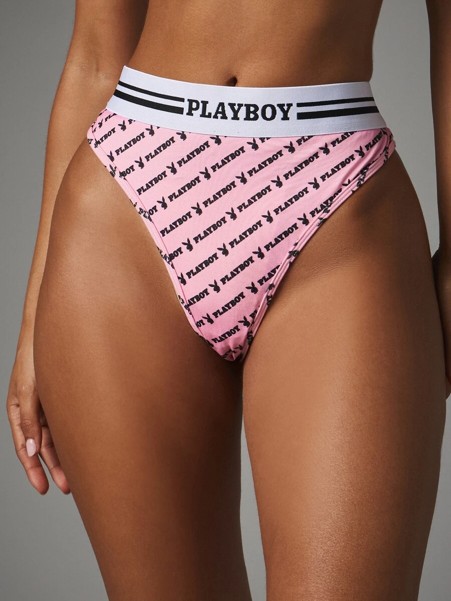 Missguided x Playboy 高腰性感內褲,附標誌腰帶,滿版兔子印花內衣底褲 - 粉色 - 查看 1