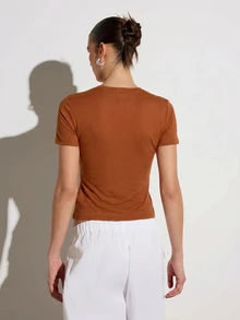 KSTM Short Sleeve Button Down Henley Top With Round Neck Slim Fitted Casual Summer Everyday Tee - Burnt Orange - View 5