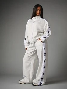 Missguided x Playboy Bunny Logo Tape Wide Leg Fleece Sweatpants With Side Stripe Drawstring Waist And Full Length Casual Lounge Pants - Grey - View 5