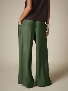 KSTM Wide Leg Drawstring Palazzo Trousers With Elastic Waist In Flowing Satin-Touch Fabric, Casual Versatile Daily Wear Long Pants - Green - View 2