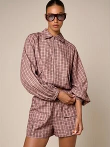 AiiRZ 大尺寸格紋短版拉鍊外套，氣球袖與鬆緊袖口，休閒寬鬆版型，秋冬風格 - 彩色 - 查看 4